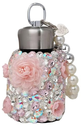 Bling Insulated Water Bottle Double Wall 10oz Stainless Steel Vacuum Flask with Glitter Rhinestones and Cute Flowers, Keep Cold Water Bottle with Pearls Bracelet Handle,Pink