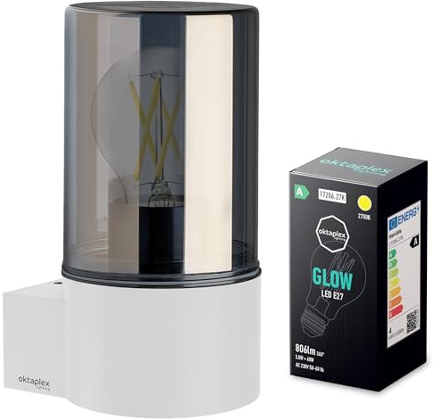Oktaplex Puno Aluminium Wandleuchte Außen IP44 Rauchglas Weiß 230V | inkl. E27 2700K Warmweiß 806lm 3,8W LED Glühbirne, Außenleuchte