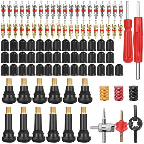 Nadisean100 Stück Reifenventil Werkzeug Set, mit Ventilkern Doppel und Einzelkopf, TR412 TR414 Gummi Reifen Ventile, Kupfer Ventileinsatz Auto, Ventilkernschlüssel für Auto, Fahrrad, Motorrad