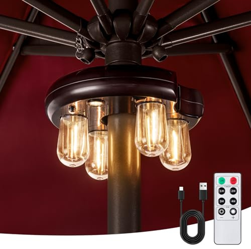 OPOIRA Patio Umbrella Light with Remote Control, Rechargeable Cordless LED Edison Bulbs Pole Light with 10 Brightness Levels for Garden, Patio, Backyard, Camping or BBQ - Brown (1 Pack)