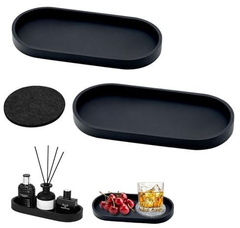 Deko Tablett 2 Stück - Schwarz Silikon Ablageschale Mit Untersetzer für Waschtisch, Badewanne, Küchenspüle und Toilette (Oval)