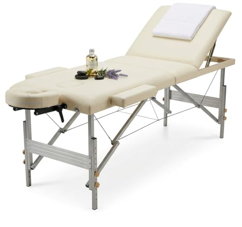 Mucola Massageliege Massagetisch 3 Zonen klappbar tragbar Aluminium Creme | höhenverstellbar, bis 250 kg belastbar, 5 cm dicke Polsterung, Kunstleder pflegeleicht, für Physiotherapie, inkl. Tragetasche