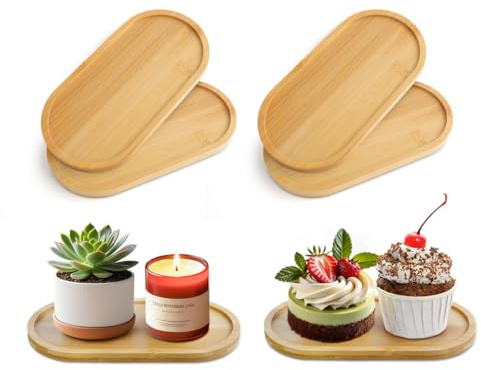 6 PCS Bambus Holztablett, Holz Tablett Ovale, Klein | Servierplatte Bambusservierplatte Holz, Ellipse Dekotablett Akazie für Kaffee, Dessert, Tee, Kuchen, 17,5 x 8,8 x 1cm