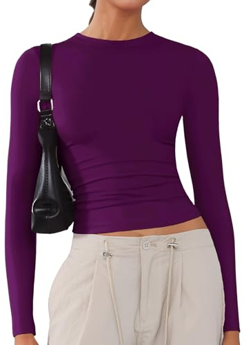 Camicie morbide da donna a maniche lunghe girocollo magliette di base elastiche per uscire crop top Y2K slim fit magliette