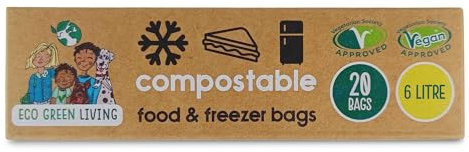 Eco Green Living 6L Compostable Food & Freezer Bags, Eco Friendly, BPA Free, Plant-Based, Biodegradable Food Storage Bags with Writable Label Space for Meat, Vegetables & Fruit, Food Prep 20 Bags