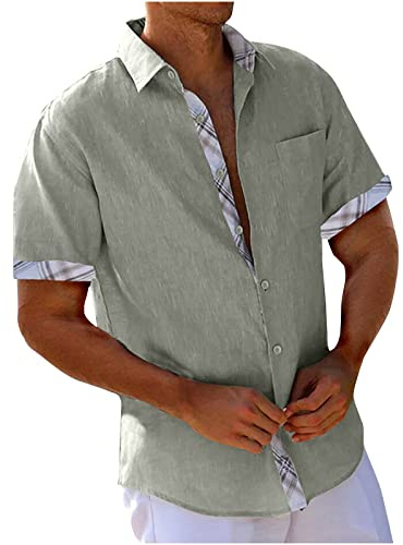 UHouse Chemise Homme en Cotton Lin Vetement Manches Courtes D'Été Chemises Leger Décontracté Chemisette Respirant Habit Col Mao Court Fin Cut Button Down Shirt