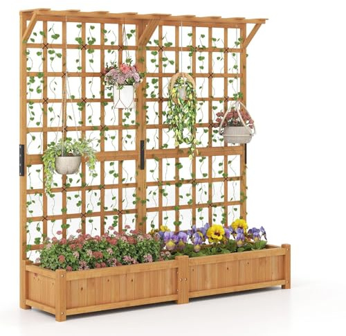 COSTWAY Fioriera in Legno con Traliccoio, Letto da Giardino con Grigliato, Tetto Appeso, 2 Scatole per Piante, 4 Fori di Drenaggio, Aiuola da Giardino Elevata per Piante Rampicanti e Fiori (Arancione)
