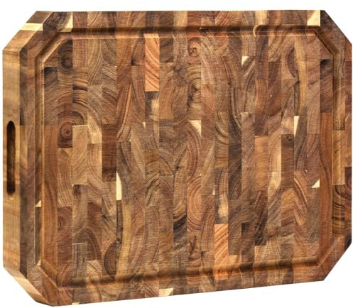 Utoplike Kitchen Thickened Acacia Cutting Board(43 x 30.5 x 3.5cm), Lattice Wood Grain Board, Breadboard Cheese Plate, Built-in Handle, Double Sided Chopping Block
