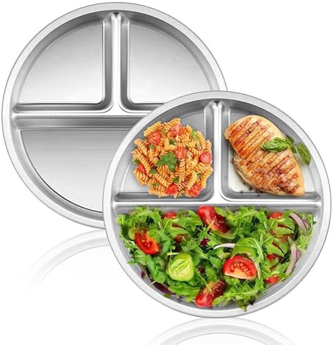 AONAYO 2 Stück EdelstahlTeller,EdelstahlTeller Kinder,Camping Teller Edelstahl,23 Cm Portionskontrollteller,Geteilte Teller Für Erwachsene,Für Camping Picknick Zuhause Schule Cafeteria