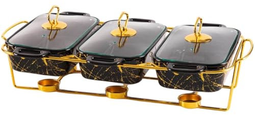 3-in-1 Ceramic Chafing Dish Buffet Set with Glass Lid - Ideal for Keeping Food Warm at Weddings, Birthdays, and Events