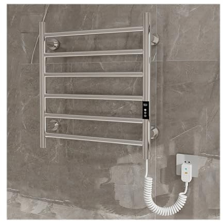 LYMGRZ Scaldasalviette elettrici in Acciaio Inox, Colore Argento, con Spina a Destra, per Bagno, scaldasalviette con Timer di Regolazione della Temperatura, stendibiancheria a Parete