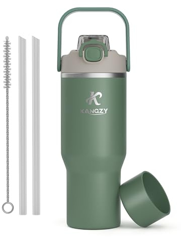 KANGZY Metal Water Bottle with Straw 1L/32oz – Vacuum Insulated Stainless Steel Flask, 2-in-1 Straw & Spout Lid, BPA-Free Leak-Proof Tumbler, Keeps Drinks Hot 12H / Cold 24H for Work, Travel Green