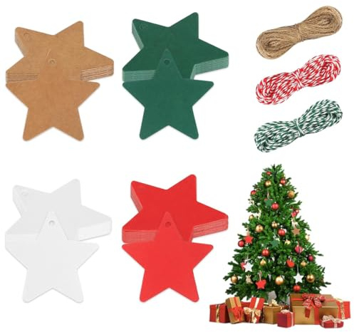 160 Stück Stern Weihnachtsanhänger mit Schnur, Geschenkanhänger Weihnachten Kraftpapier, Anhänger Geschenk, Kraftpapier Etiketten Weihnachten, Geschenkanhänger zum Beschriften (Rot/Grün/Braun/Weiß)