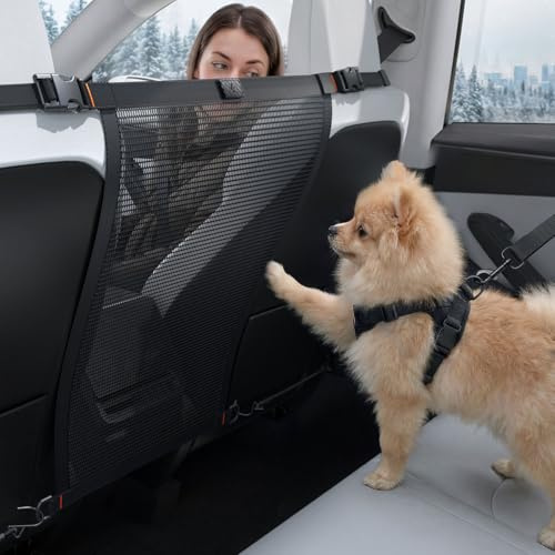 Spigen Micro Nylon Mesh Dog Barrier Secure Small & Medium Pet Divider Between Seats with Center Console Protector for Safe, Distraction-Free Driving, Universal Fit for Cars & Compact SUVs
