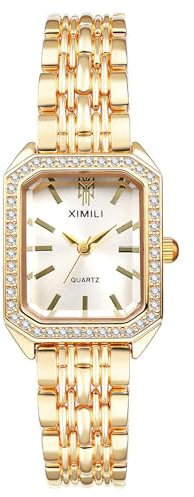 JewelryWe Reloj Cuadrado Pequeño Mujer: Reloj de Pulsera Cuarzo Analógico Vestir Correa de Aleación Oro Caja de Imitación de Diamante - para Regalo