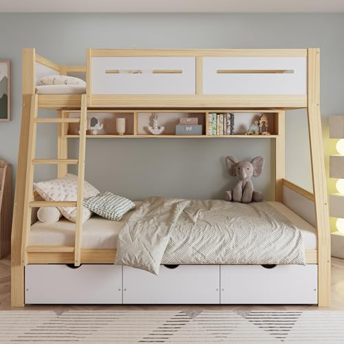 TOBIDOEN Etagenbett 90/120x200 cm für Kinder mit 3 Schubladen auf Rollen und Seitlichen Ablagefächern, Sicherheitsgeländer und Leiter, Kiefernholzrahmen mit Lattenrost, Weiß+Natur - Stil A