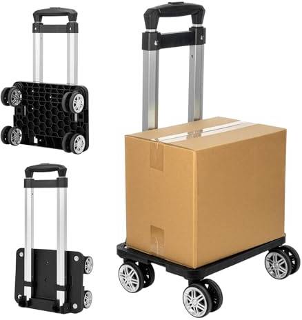 CROWNSHOP Folding Hand Truck 75kg Sack Barrows 4 Wheel Luggage Trolley | Portable Folding Cart alloy frame with elastic ropes shock absorbing wheels supports 75kg loads for travel moving office