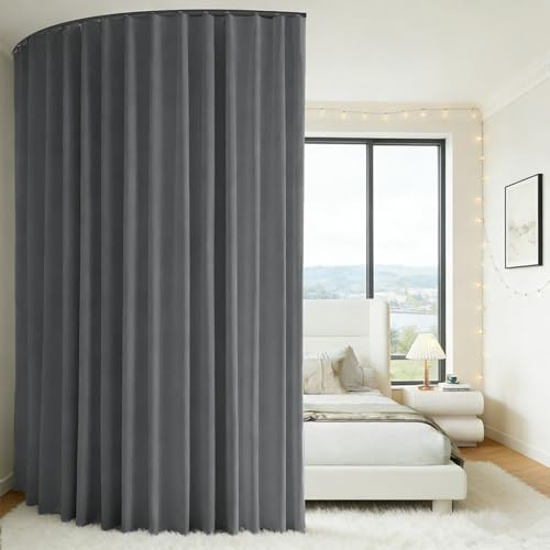 Room Divider Curtain with 2.7m Flexible Ceiling Track, H250xW270cm Privacy Curtain, Bendable Curtain Rail Set for Bedroom, Living Room & Home Partition, Ceiling Mounted on Rails (Grey, H250 x W270 cm)