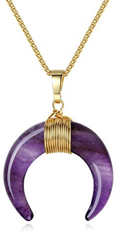COAI Collar para Mujer de Acero Inoxidable con Colgante Doble Cuerno Luna Creciente de Piedras Naturales