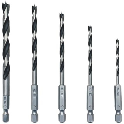 NORTOOLS Jeu de mèches à bois Brad Point avec queue hexagonale de 1/4 de pouce, 5 pièces, mèches à bois en acier à haute teneur en carbone pour bricoleurs, menuisiers et amateurs de travail du bois