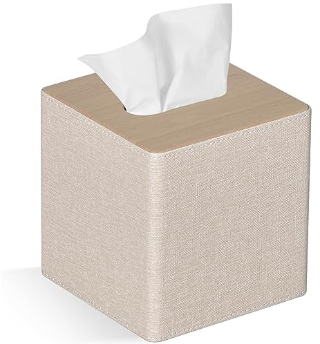 GOLRANLYE Taschentuchbox Quadratisch, PU-Leder Moderner Kosmetiktücher Box Halter für Badezimmer Schlafzimmer Esszimmer oder Büro(Beige)