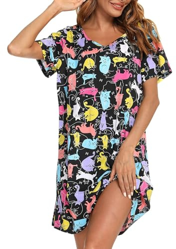 ENJOYNIGHT Camisón de verano para mujer, algodón, manga corta, Colores gato, XL