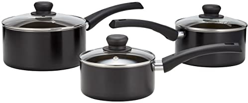 Judge Radiant Teflon Non-Stick Saucepan Set, 16cm, 18cm & 20cm Pans, Glass Lids with Vent, Induction Ready, Oven Safe