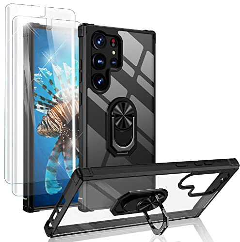 NALIA Set [3-in-1] kompatibel mit Samsung Galaxy S23 Ultra Hülle, [1x Klare Ringhülle & 2X Displayschutz] Transparent Anti-Gelb Stoßfest, 360° Drehbarer Ring, Harte Rückseite & Silikon-Rahmen Schwarz