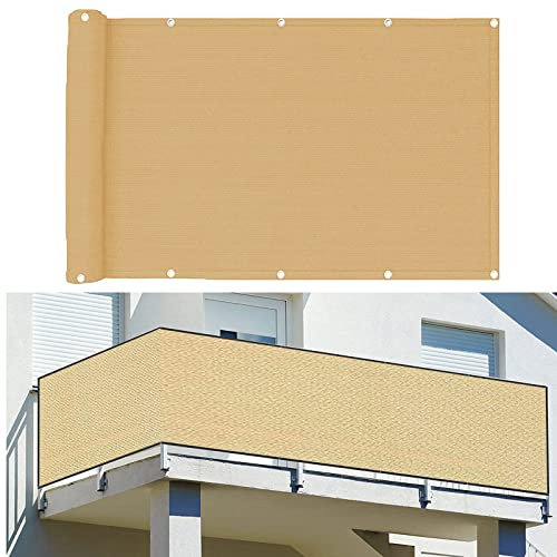 Balkon Sichtschutz Balkonabdeckung 55 x 800 cm Wind HDPE UV-Schutz Terrasse Windschutz Balkonverkleidung mit Kabelbinder Ohne Bohren für Balkon Garten im Freien, Sandgelb