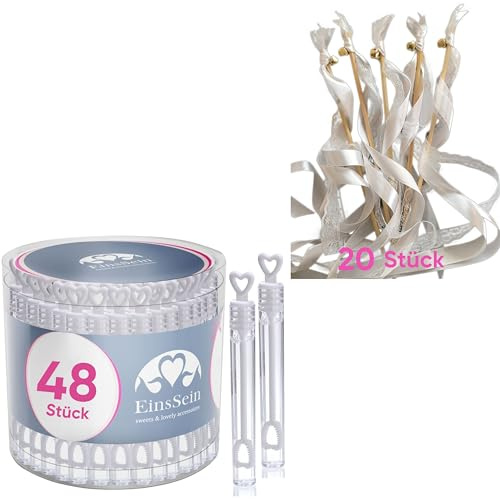 EinsSein 48 Seifenblasen Hochzeit Herzgläschen Liebe liegt in der Luft - Bitte pusten rosa-grün Set weiss Aufkleber Set weiss Gastgeschenke für die Hochzeit, Taufe - seifenblasen mit Freudentränen