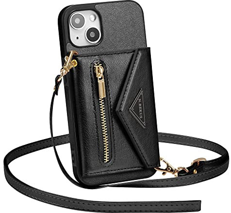 ZCDAYE Hülle für iPhone 15 Plus mit Band, Leder iPhone 15 Plus Handyhülle Handytasche Kleine Geldbörse Handykette Umhängetasche Case für iPhone 15 Plus (6.8 inches), Schwarz
