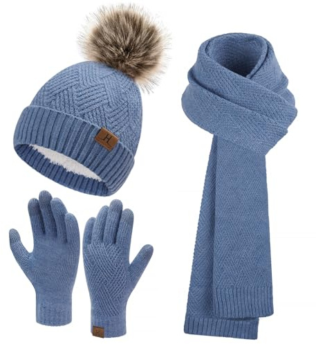 Bequemer Laden Damen Mütze Winter Beanie Lang Schal Touchscreen Handschuhe | Damen Thermo Wintermütze Strickmütze mit Bommel Lang Winterschal Touchscreen Winterhandschuhe Weihnachtsgeschenke Frauen