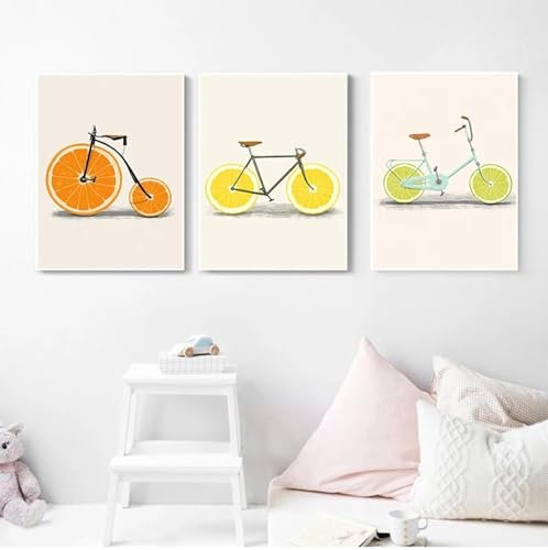 NXMYDBD Abstrakte Mode Fahrrad Zitrone Orange Obst Druck Leinwand Gemälde Küche Dekor Nordic s minimalistische Wandkunst Bilder 70x90cm (28x35 Zoll) x3 ungerahmt