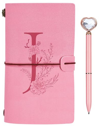 Initialen PU Leder Notizbuch mit Stift, Rosa Nachfüllbar Tagebuch für Frauen Mädchen, Reisetagebuch Skizzenbuch Notebook Geschenk für Freundin Schwestern Lehrer Abschluss Geburtstag Weihnachten J