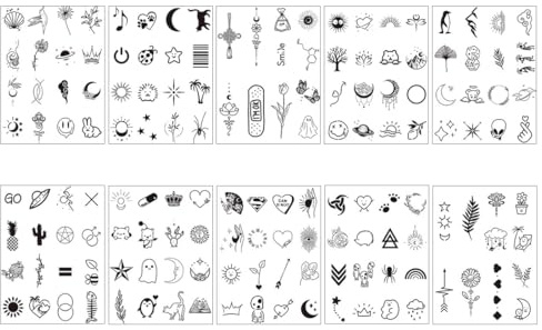 10 Hojas Tatuajes Temporales, Tatuajes Temporales Adultos, Tatuajes Pequeños, Falso Tatuaje Pegatinas, Negro Tatuaje Falso para Adultos, Tatoos Temporales Adultos
