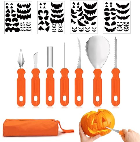 Esshogo Kürbis Schnitzset, Halloween Schnitzset, 7 Stück Halloween-Kürbisschnitzset, Kürbis Schnitzmesser, Kürbis Schnitzset Halloween, Kürbis Schnitzset Kinder, Zufällige Aufkleber