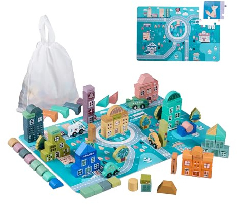 Relaxdays Gioco in Legno per Bambini da 3 Anni, 133 Blocchi da Costruzione, Puzzle Città, Lettere, Numeri, Colorati