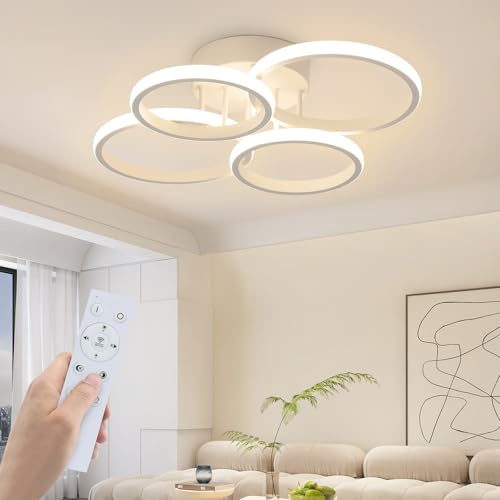GBLY Deckenlampe LED Deckenleuchte Wohnzimmer Dimmbar Wohnzimmerlampe | Modern Weiß 48W Schlafzimmerlampe 55cm Design Deckenbeleuchtung 4-Ring Küchenlampe mit Fernbedienung für Haus Wohnung