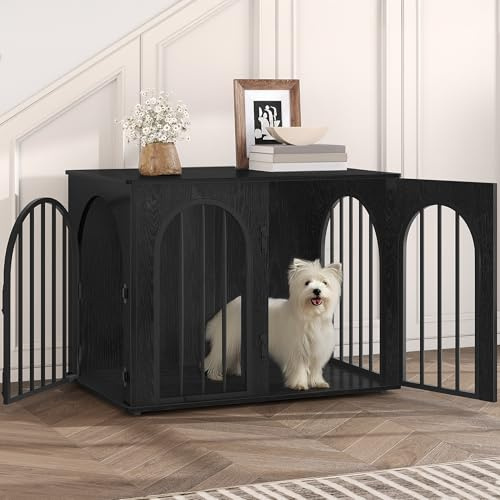 Hzuaneri 80cm Cage pour Chiens, Table d'Appoint, Niche Moderne pour Chiens Intérieur, Cage pour Chiots, Maisonnette pour Animaux, 3 Portes, Porte arquée, 80 x 56 x 61 cm, Noire DFC85104B