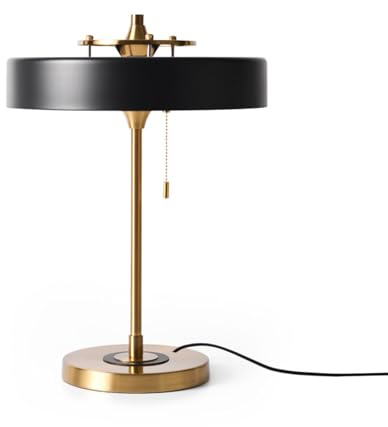 Lámpara de mesa GADSBY. Estilo Clásica y Elegante, detalles dorados y pantalla disco Negra. Lámpara escritorio retro vintage | 3x E27. Lámpara decorativa para mesitas, zonas de lectura, salón