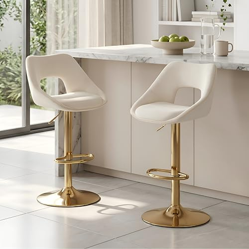 Ya-Home Barhocker 2er Set, Barstühle höhenverstellbar, Küchenhocker 360° drehbar, Tresenhocker mit Rückenlehne, goldene Fußstütze, Samt, Weiß