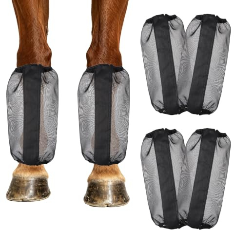 Gosknor 4pcs Guêtres Anti-Mouches Cheval en Maille Fine (Noires) | Guêtres Anti-Mouches Respirantes et Amples avec Bande de Renfort pour Chevaux et Ânes pour Réduire les Piétinements Gênants
