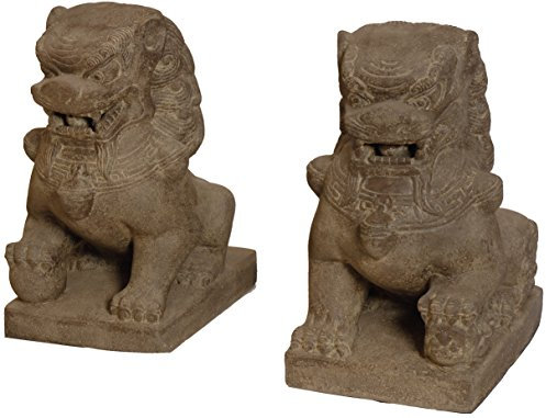 Korb-Outlet 2er Set Tempel-Löwe XXL/Gartenfigur Chinesische Löwen Steinguss/Steinfigur Tempel Wächter Statue 75cm für Haus und Garten