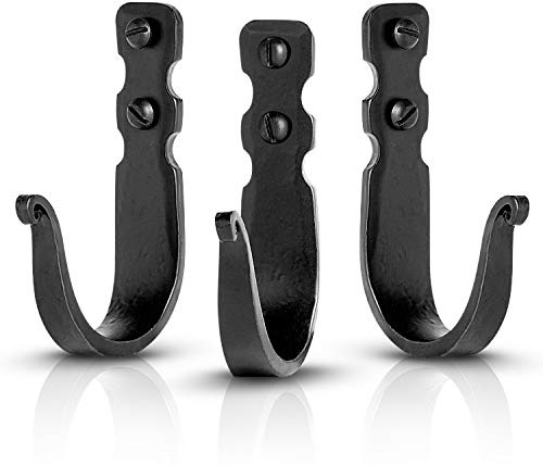Stur-De Decorative Hooks for Wall - Metal Wall Hooks for Hanging Coats, Hats & Bags, Rustic Towel Hooks for Bathrooms or Kitchen - Wrought Iron Farmhouse Hangers - Pack of 3, Black - 3.3x2x0.8 Inches