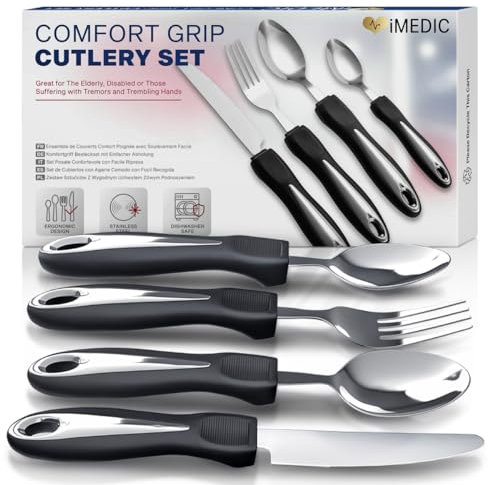 iMedic Easy Grip Cutlery for Arthritic Hands Silver/Black (1 Pack) – Adaptive Utensils Designed to Support Disabled Adults – Weighted Tableware Set – Caring Aid for Tremors, Parkinson’s
