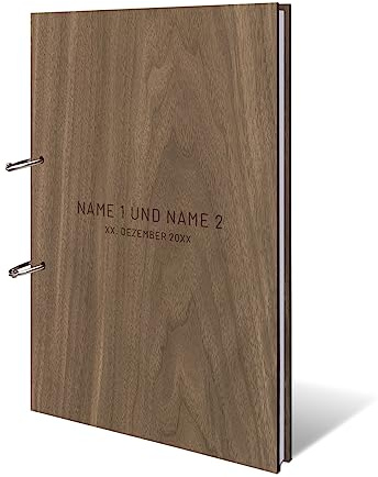 Kartenmachen.de Personalisiertes Hochzeit Gästebuch echtes Holz DIN A4 Hochzeitsbuch mit Lasergravur - Schlicht - mit 72 Blatt / 144 Seiten Naturpapier Weiß