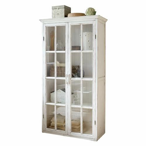 Loberon Schrank Keanu, charmanter Used-Look, Vintage-Charakter, Vitrinenschrank, Aufbewahrung, Kiefernholz, Glas, antikweiß