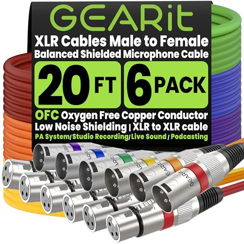 GearIT 20Ft XLR Male to Female Mic Cable - 6 Pack, Balanced Shielded, Multi Colored, Recording Studio, Podcast