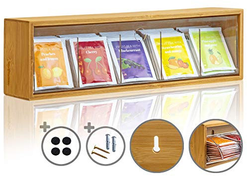 KrockaZone. Teebeutel Aufbewahrungsbox Organizer - Teebox mit Kippdeckel zum Wand aufhängen - Teebeutelspender Natur Bambus Holz