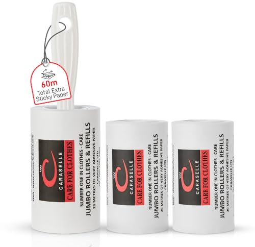 Caraselle Pet Hair Remover Jumbo Lint Roller (1 roller + 2 refills) | 60 metres of no-perforation sticky paper (≈600 sheets equivalent) lifts cat & dog hair from clothes, sofa, carpet, car seat